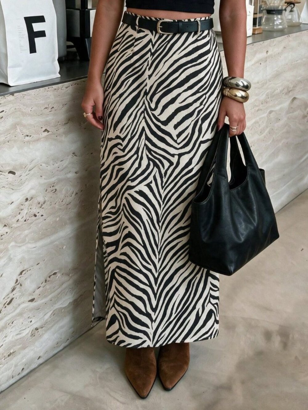 Multicolor Casual Elegant Women's High Waist Long Zebra Split Thigh Slit Skirt